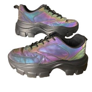 BELOS Women's Chunky Platform Sneakers | Trainers Lace Up Holographic Size 6